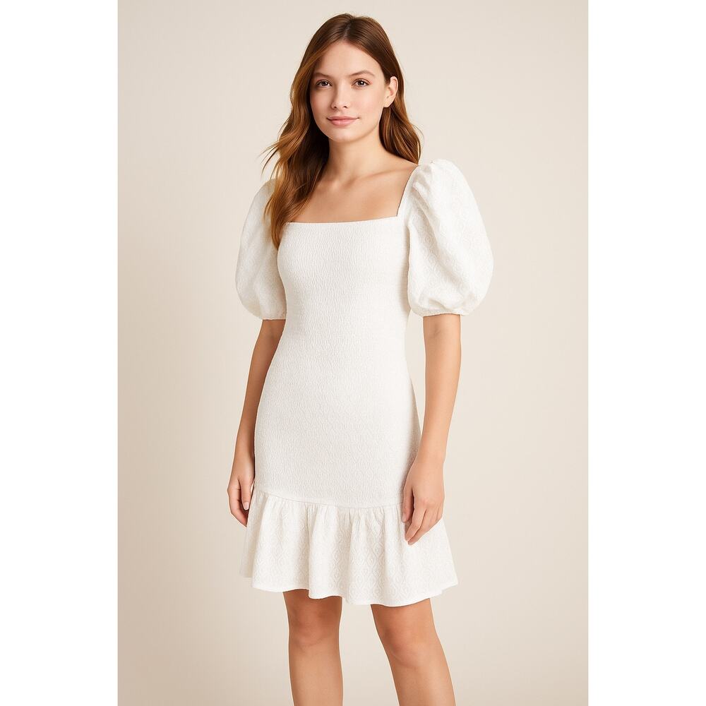 NWOT Rachel Parcell Cotton White Puff Sleeve Smocked Mini Dress | Ruffle Hem | L